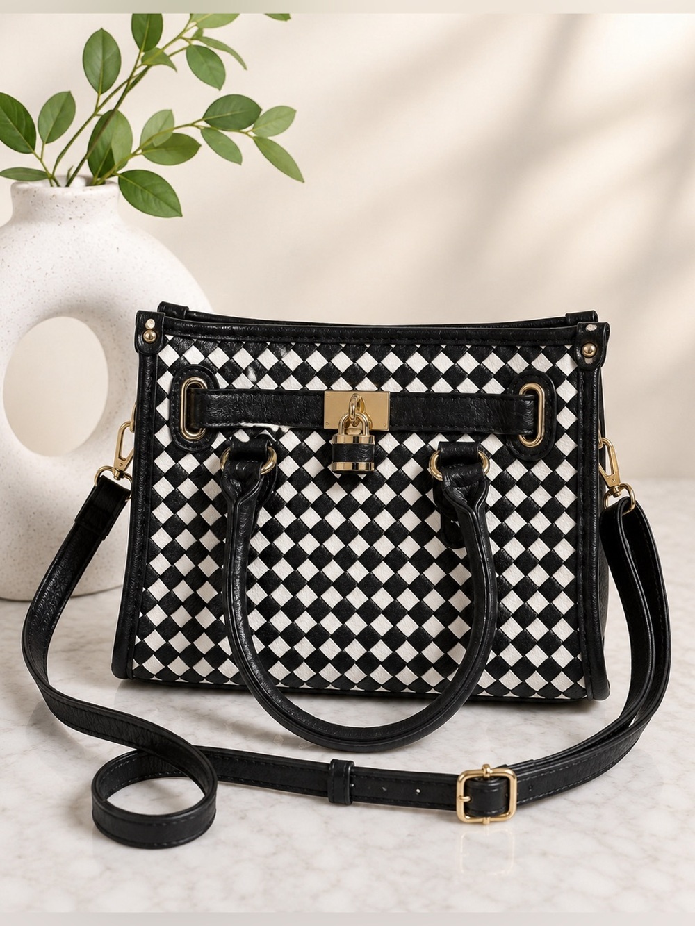 Charming Charlie Black White Woven Satchel Crossbody Handbag Gold Hardware